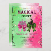 Bow pink & green Magical Witch Birthday Einladung (Vorne/Hinten)