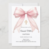 Bow Pink Pearls Girl Elegant Baptism Einladung (Vorderseite)