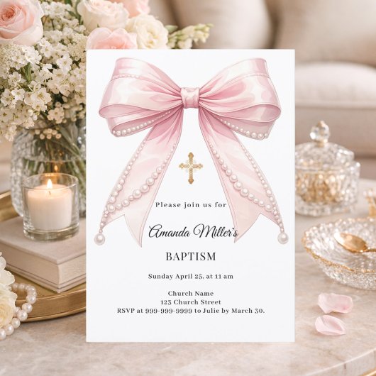 Bow Pink Pearls Girl Elegant Baptism Einladung