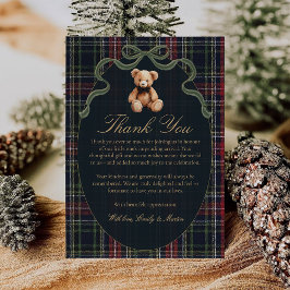 Bow Plaid Teddy Bear Baby Shower Thank You Card Dankeskarte