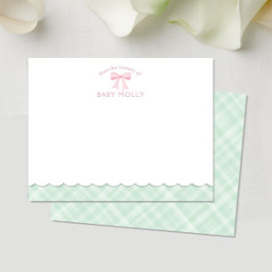 Bow Preppy Pink Minze Kariert New Baby Mitteilungskarte