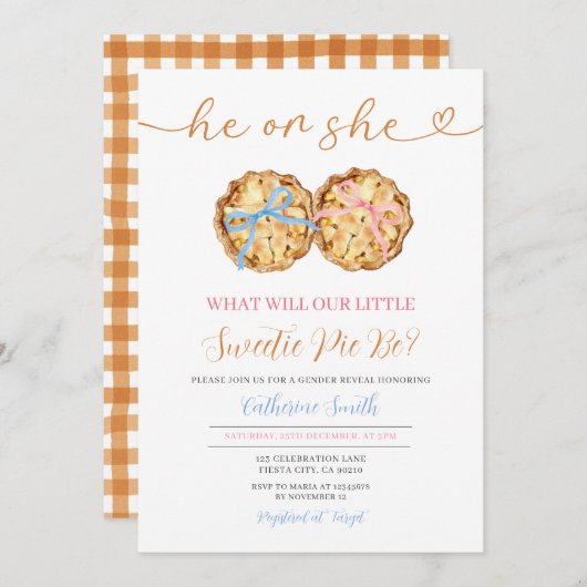Bow Pumpkin Pie Gender Reveal Gingham Einladung (Vorne/Hinten)