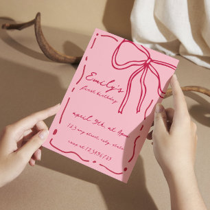 Bow Quirky Hand Drawn Whimsical Red Pink Geburtsta Einladung