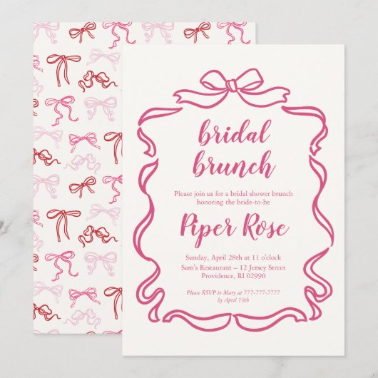 Bow Rahmen Coquette Brautbrunch Einladung (Vorne/Hinten)