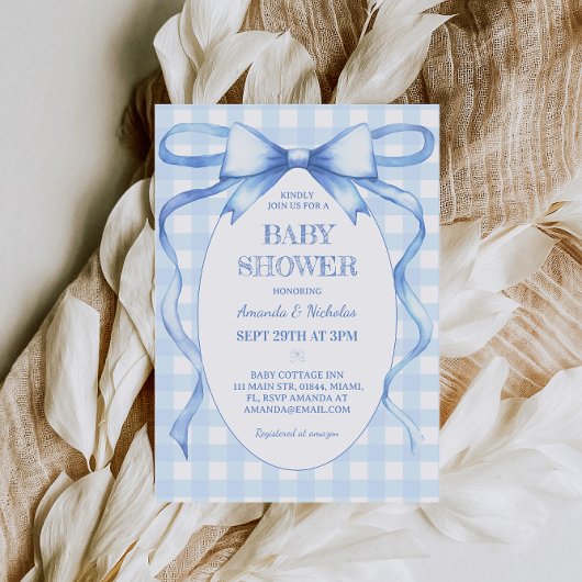 Bow Ribbon Blue Gingham Baby Boy Dusche Einladung