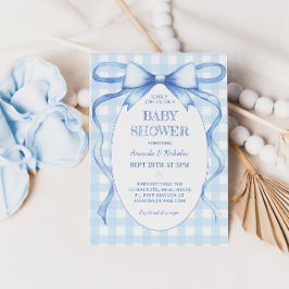 Bow Ribbon Blue Gingham Baby Boy Dusche Einladung