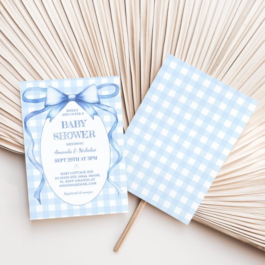 Bow Ribbon Blue Gingham Baby Boy Dusche Einladung