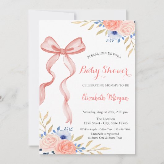 Bow Ribbon Blume Bokeh Baby Dusche Einladung (Vorderseite)