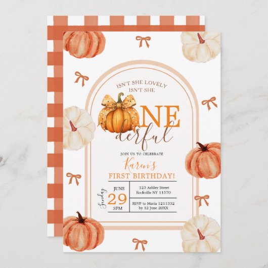 Bow Ribbon Isn't She Onederful Pumpkin Gingham Einladung (Vorne/Hinten)