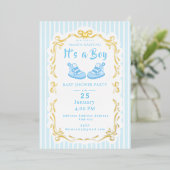 Bow Ribbon seine a Boy Baby Shot Blue Einladung (Stehend vorne)