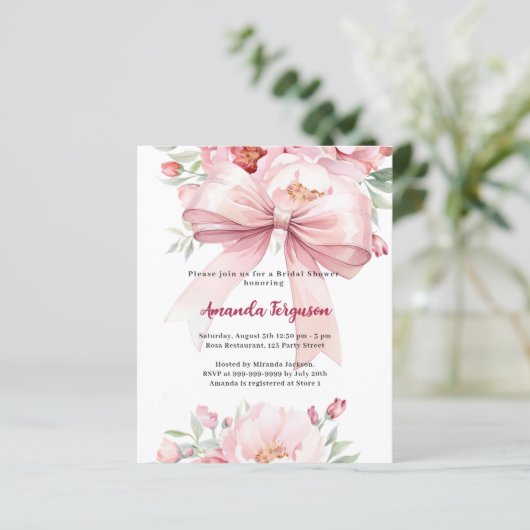 Bow rosa Blumen elegante Bridal Dusche Einladung (Stehend Vorderseite)