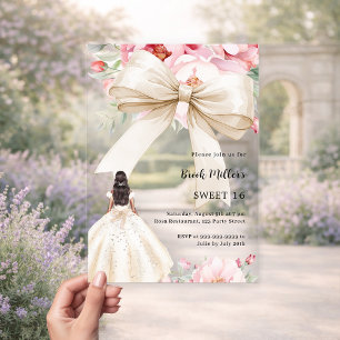 Bow rosa Blumenkleid creme klar Sweet 16 Acryleinladungen