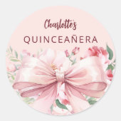 Bow rosa Blüten Quinceanera Runder Aufkleber (Vorderseite)
