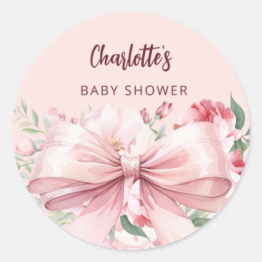 Bow rosa Florals Rose Babydusche Runder Aufkleber (Vorderseite)