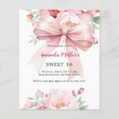 Bow rosa Florals Sweet 16 Einladung (Vorderseite)