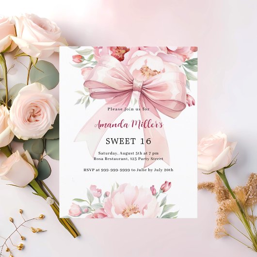 Bow rosa Florals Sweet 16 Einladung