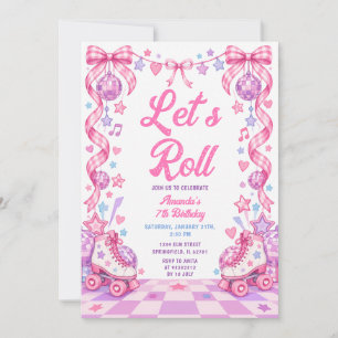 Bow Rosa Lila Lass uns Rollen Rollschuh Geburtstag Einladung