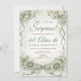 Bow Sage Green Floral Sorpresa 60 Años Birthday Einladung
