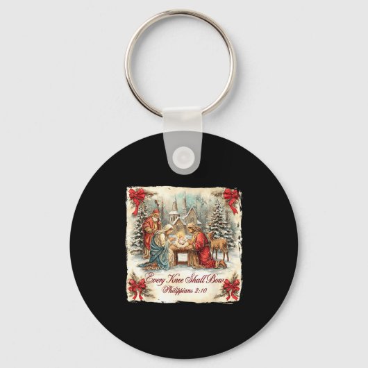 Bow Santa Christmas Nativity Scene Every Knee Shal Schlüsselanhänger (Vorderseite)