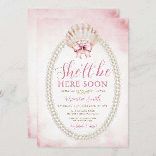 Bow She'll Be Here Soon Sea Shell Cute Baby Shower Einladung (Vorne/Hinten)