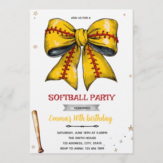 Bow softball party invitation einladung (Vorderseite)