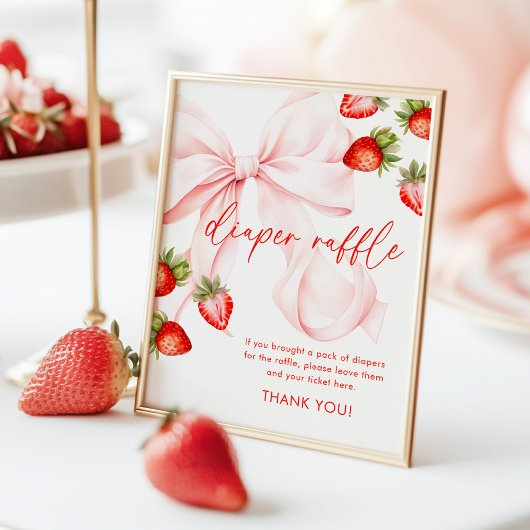 Bow Strawberry Baby Shower Diaper Raffle Sign Poster
