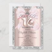 Bow,Tiara,Rose Gold Silver Glitter Sweet 16  Einladung (Vorderseite)