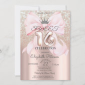 Bow,Tiara,Rose Gold Sweet 16 Glitter Bokeh Einladung (Vorderseite)