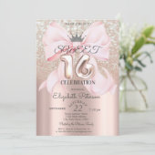 Bow,Tiara,Rose Gold Sweet 16 Glitter Bokeh Einladung (Stehend Vorderseite)
