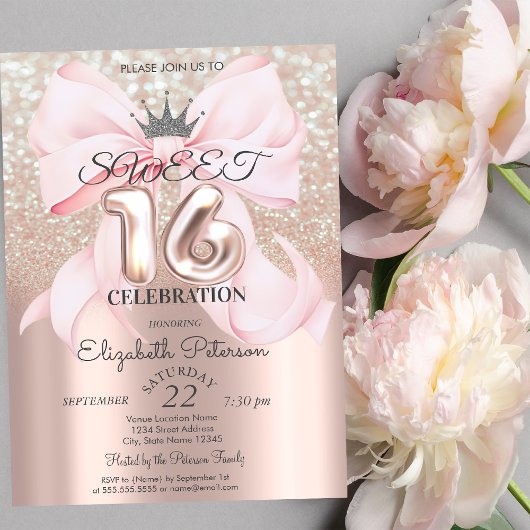 Bow,Tiara,Rose Gold Sweet 16 Glitter Bokeh Einladung