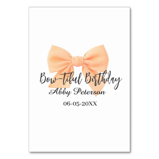 Bow-tiful birthday orange bow name date simple pas tischnummer (Vorderseite)
