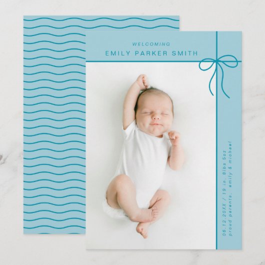 Bow und Linien niedliche Portrait Single Fotokarte Ankündigung (Vorne/Hinten)