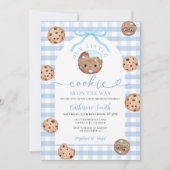 Bow Unsere kleine Cookie Baby Dusche Blue Gingham Einladung (Vorderseite)