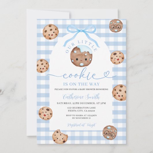 Bow Unsere kleine Cookie Baby Dusche Blue Gingham Einladung (Vorderseite)