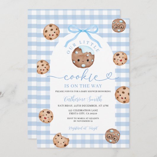Bow Unsere kleine Cookie Baby Dusche Blue Gingham Einladung (Vorne/Hinten)