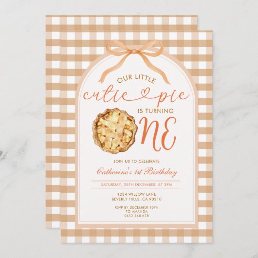 Bow Unsere kleine Süsse Pie Fall Gingham 1. Geburt Einladung (Vorne/Hinten)