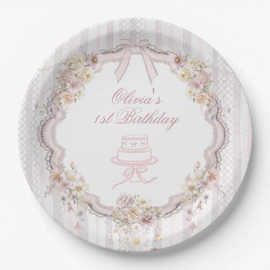 Bow Wildflower First Birthday Paper Plates Pappteller (Vorderseite)