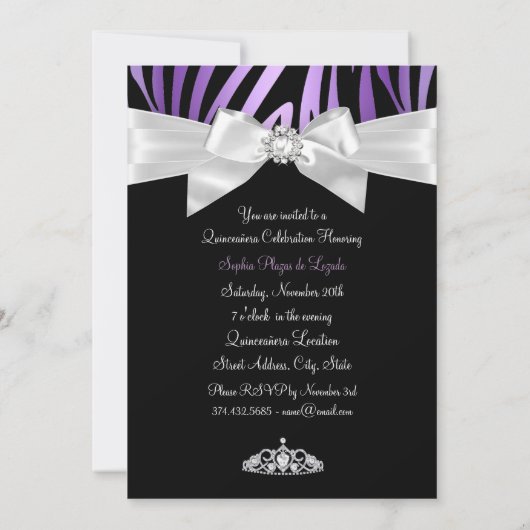 Bow & Zebra Print Lila Black Foto Quinceanera Einladung (Rückseite)