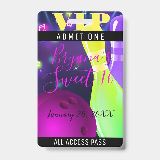 Bowl Glow Bowling Birthday Party Light VIP Pass Ausweis (Vorderseite)