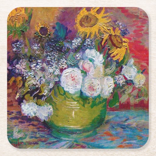 Bowl mit Blume, Van Gogh Rechteckiger Pappuntersetzer (Vorderseite)