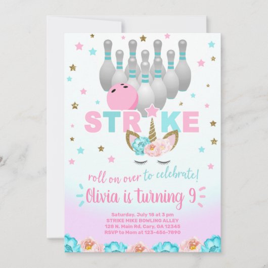 Bowling and unicorn girl birthday invite. einladung (Vorderseite)