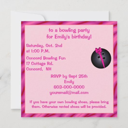 Bowling Ball mit Bow Birthday Einladung (Rückseite)