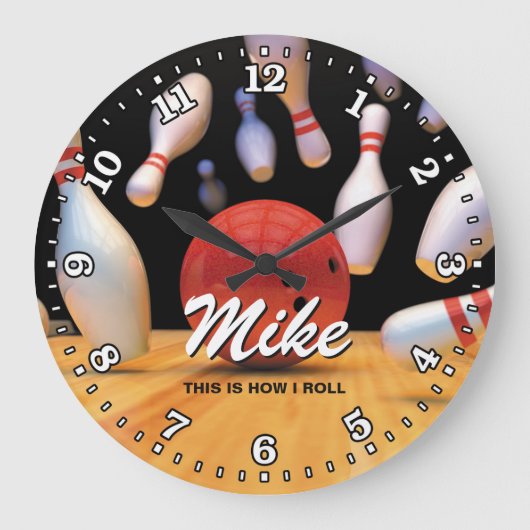 Bowling Ball Pins Man Cave Personalizable Clock Große Wanduhr (Vorderseite)