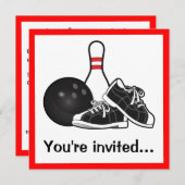 Bowling Ball, Shoes und Button After Game Party Einladung (Vorne/Hinten)