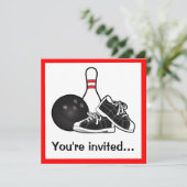 Bowling Ball, Shoes und Button After Game Party Einladung (Stehend Vorderseite)