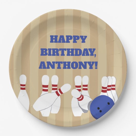 Bowling Ball und Buttone Bowling Birthday Party Pappteller (Vorderseite)