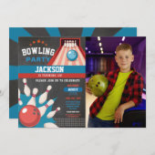 Bowling Birthday Blue Strike Fun Bowl Boys Foto Einladung (Vorne/Hinten)