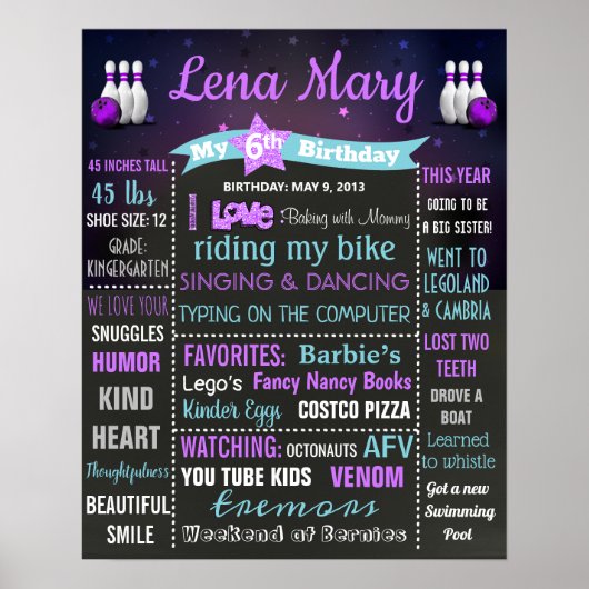 Bowling Birthday chalgs board sign girl Poster (Vorne)