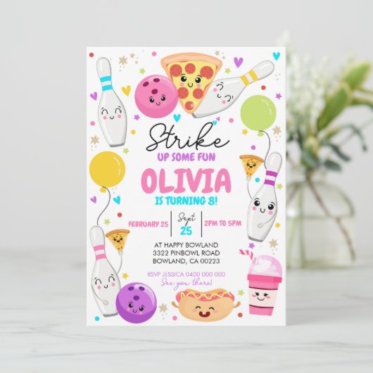 Bowling Birthday Einladung Bowling Pizza Party (Stehend Vorderseite)