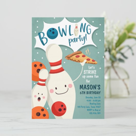 Bowling Birthday Einladung Boy Pizza aufschlagen (Stehend Vorderseite)